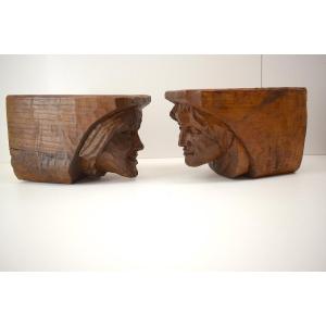 Pair Of Carved Wooden Corbels In The Renaissance Style, Haute Epoque Ref1012 