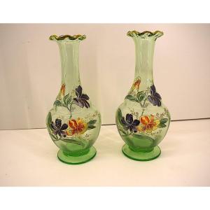 Legras Pair Of Art Nouveau Enameled Vases Verreries De Saint Denis Ref1025