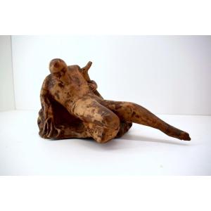 Intriguing Naturalist Sculpture In Carved Wood Wounded Man In Olive Root Ref1037