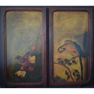 Deux Portes Art Nouveau Peintes Décor Perroquet Fleurs Papillons XX ème RT1126