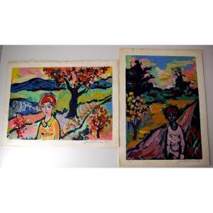 Jens Mathisen Two Lithographs In Fauve Colors Ref1040 