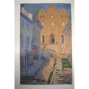 Maurice Busset Gouache Street And Cathedral Puy En Velay Auvergne Impressionist Ref1045