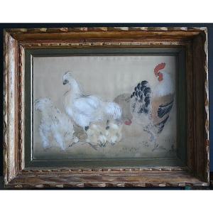 Shunko Deshima Japanese Ink Watercolor On Silk Hens Rooster Farmyard 20th Century Rt1130