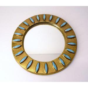 Round Cracked Gold Ceramic Mirror Monaco Model By Mithé Espelt 1950 Ref1064