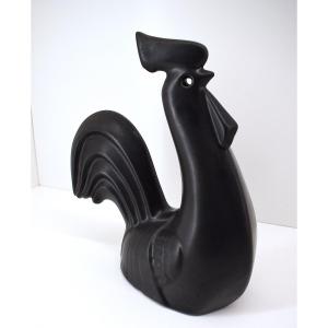 Stylized Rooster In Satin Black Glazed Ceramic Circa 1970 Ref1066