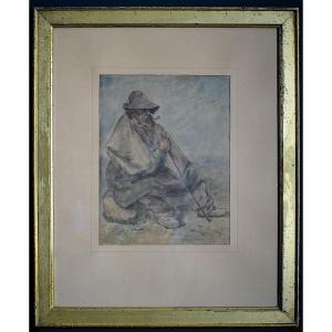 Pierre Laplanche 19th Century Beggar Hat Pipe Tramp Drawing Rt1168