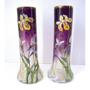 Theodore Legras Paire De Vases émaillés Art Nouveau Décor Floral Iris Ref1109 