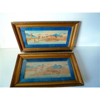 Paintings Pair Of China Chinese Temple Marine Diorama XIX Ref75