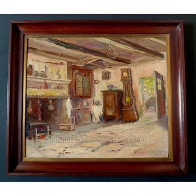 Signed Roussarie 1942 Rustic Impressionist Interior Scene XX Rt67