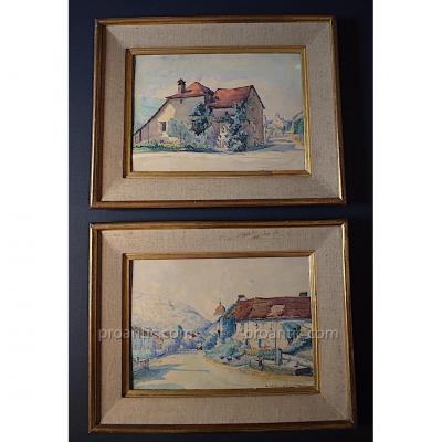 Paul Leschevin Two Watercolor Landscapes Doubs Glay Meslieres Signs XX Rt77
