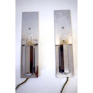 Pair Of Small Modernist Chromed Metal Wall Lights Around 1930 1940 Art Deco XX Ref200