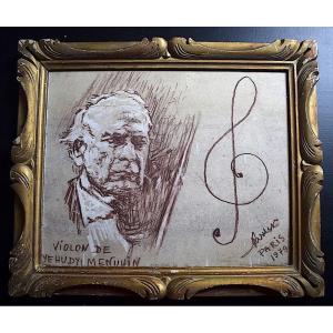 Dessin Yehudi Menuhin Portrait Violoniste américain Violon Musique Signé à Identifier XX RT455