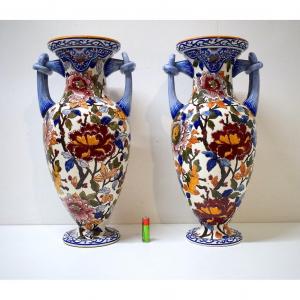 Pair Of Gien Ceramic Vases Model Number 27 With Peonies Old Manufacturing Ref339