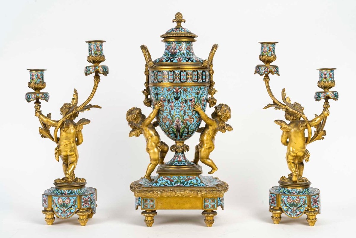 Mid 19th Century Cloisonné Enamel Clock Garniture Set, Circa 1860-photo-1