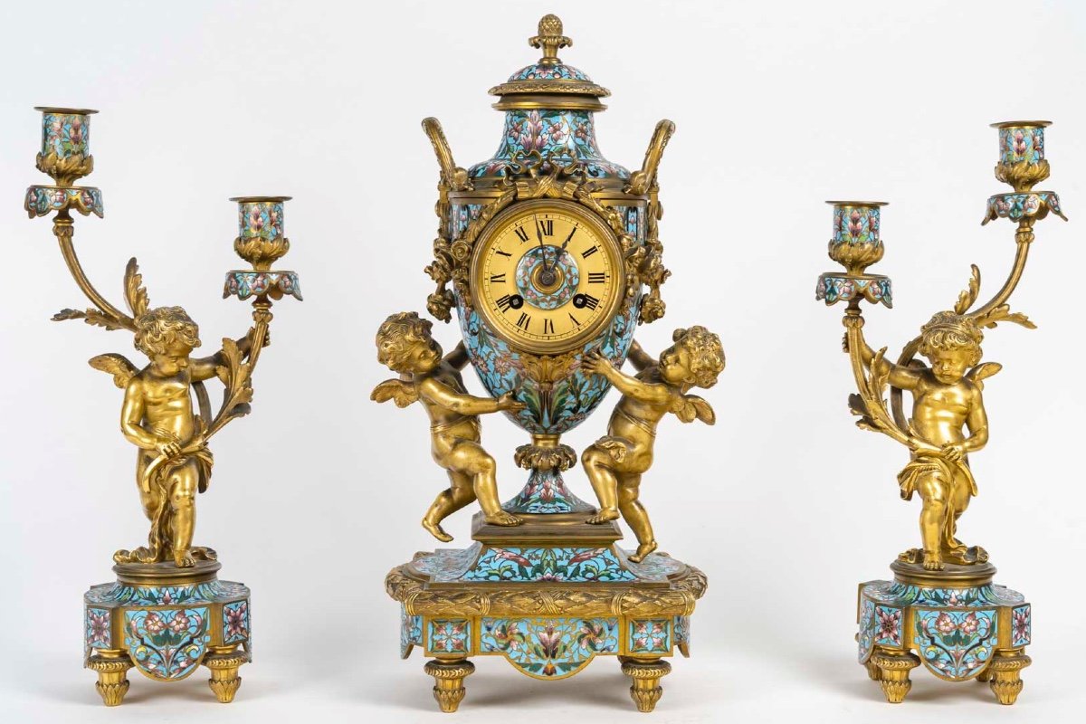 Mid 19th Century Cloisonné Enamel Clock Garniture Set, Circa 1860