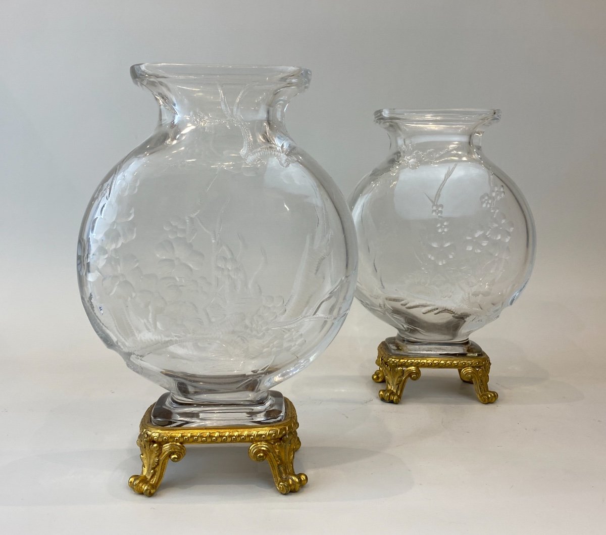 Paire De Vases  Japonisant En Cristal De Baccarat Et Monture En Bronze Doré, Circa 1890-photo-2