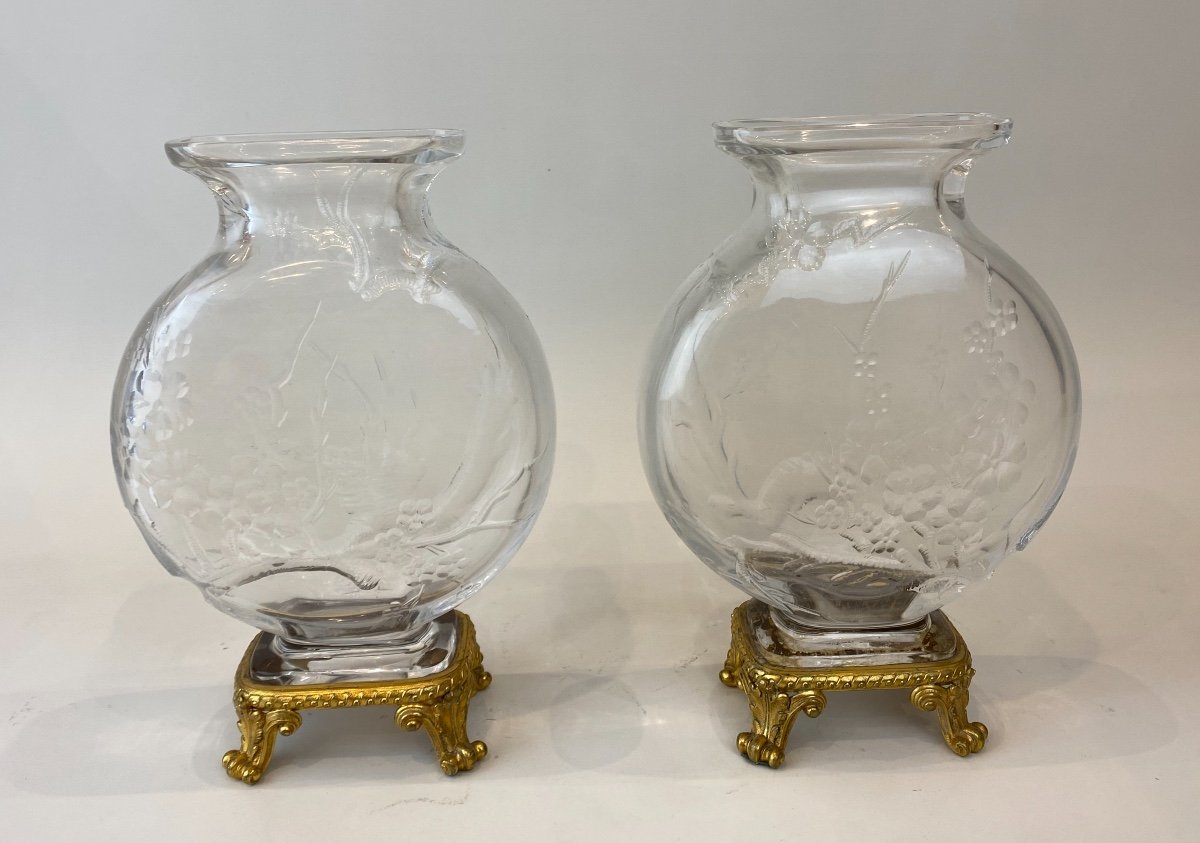 Paire De Vases  Japonisant En Cristal De Baccarat Et Monture En Bronze Doré, Circa 1890-photo-1