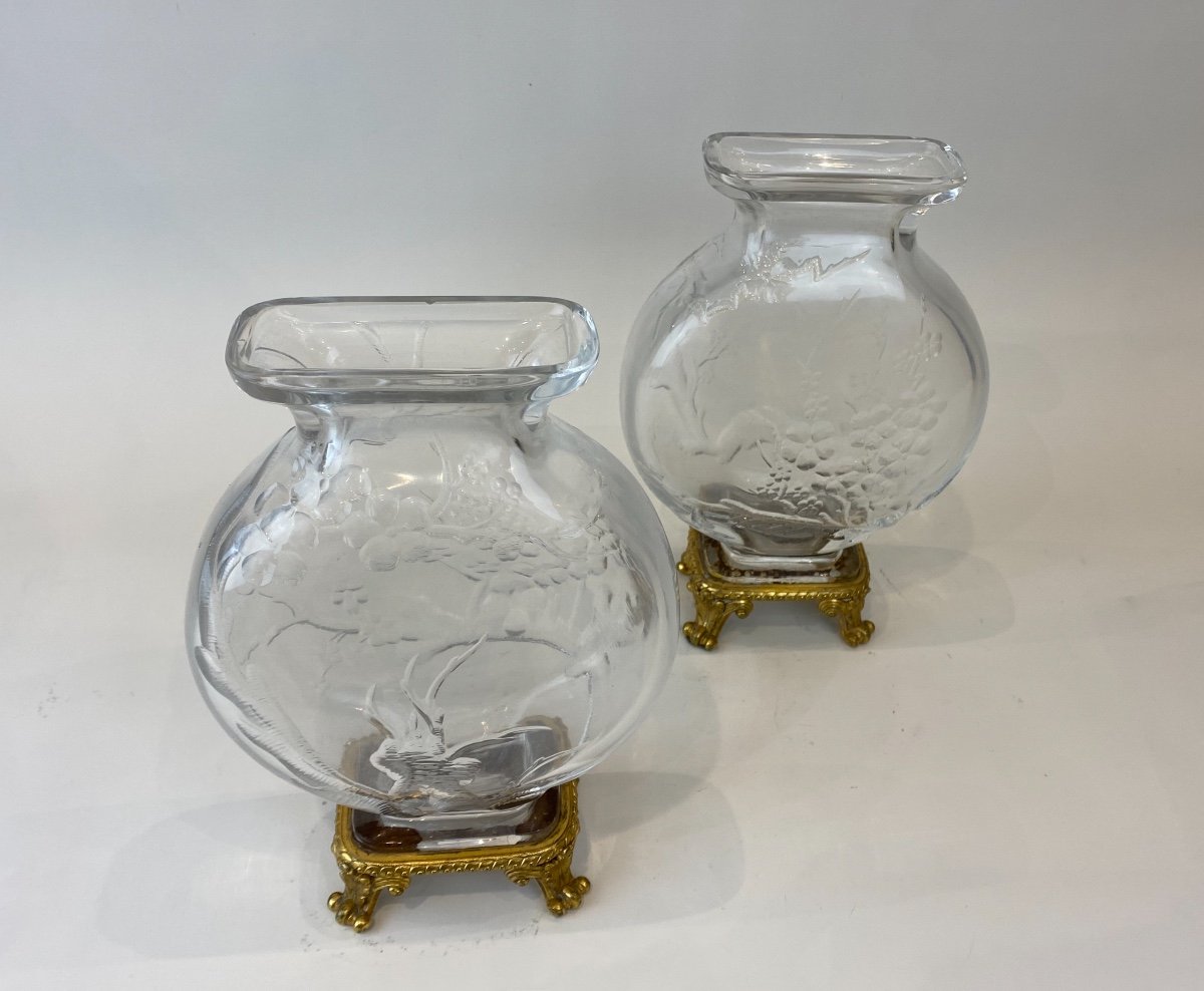 Paire De Vases  Japonisant En Cristal De Baccarat Et Monture En Bronze Doré, Circa 1890-photo-4