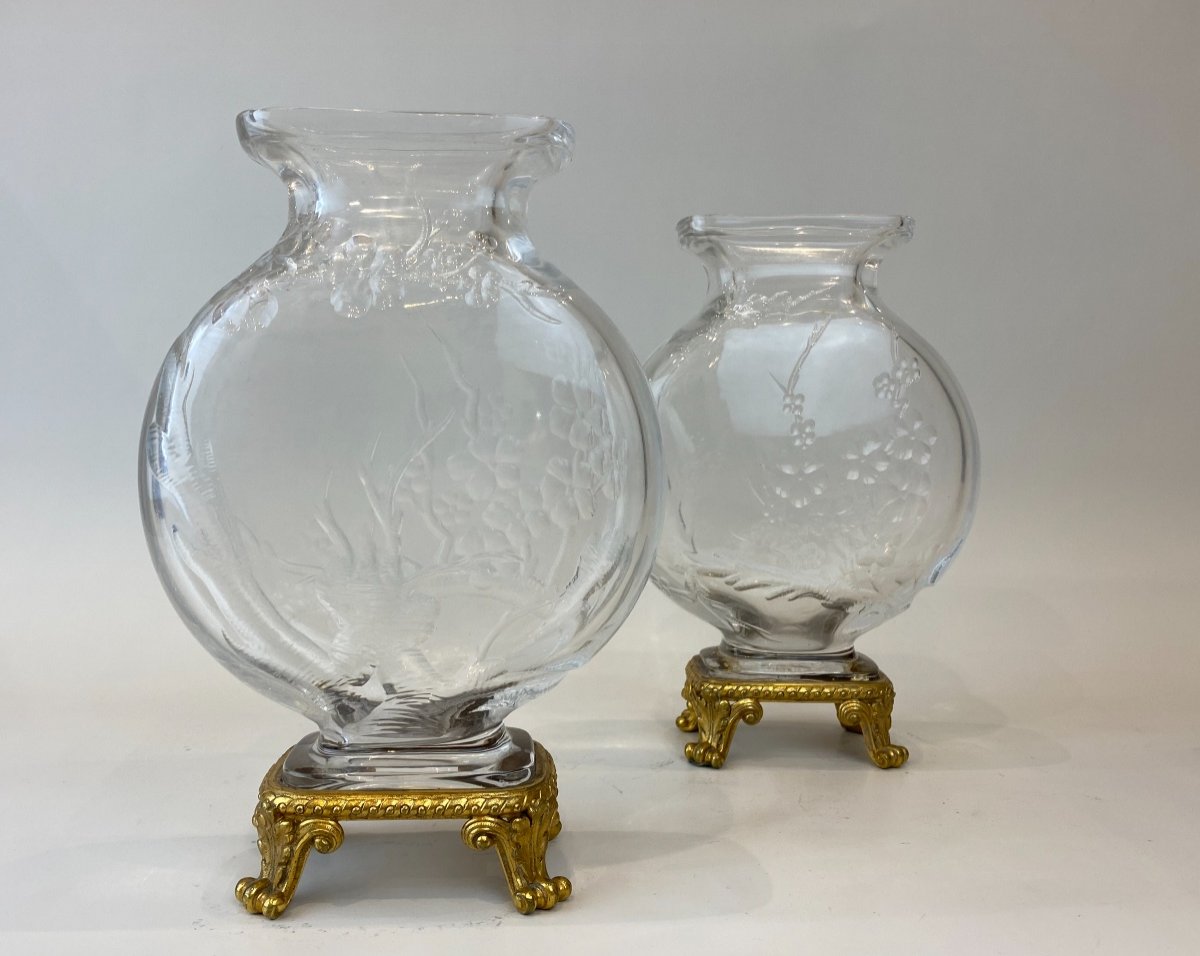 Paire De Vases  Japonisant En Cristal De Baccarat Et Monture En Bronze Doré, Circa 1890-photo-5