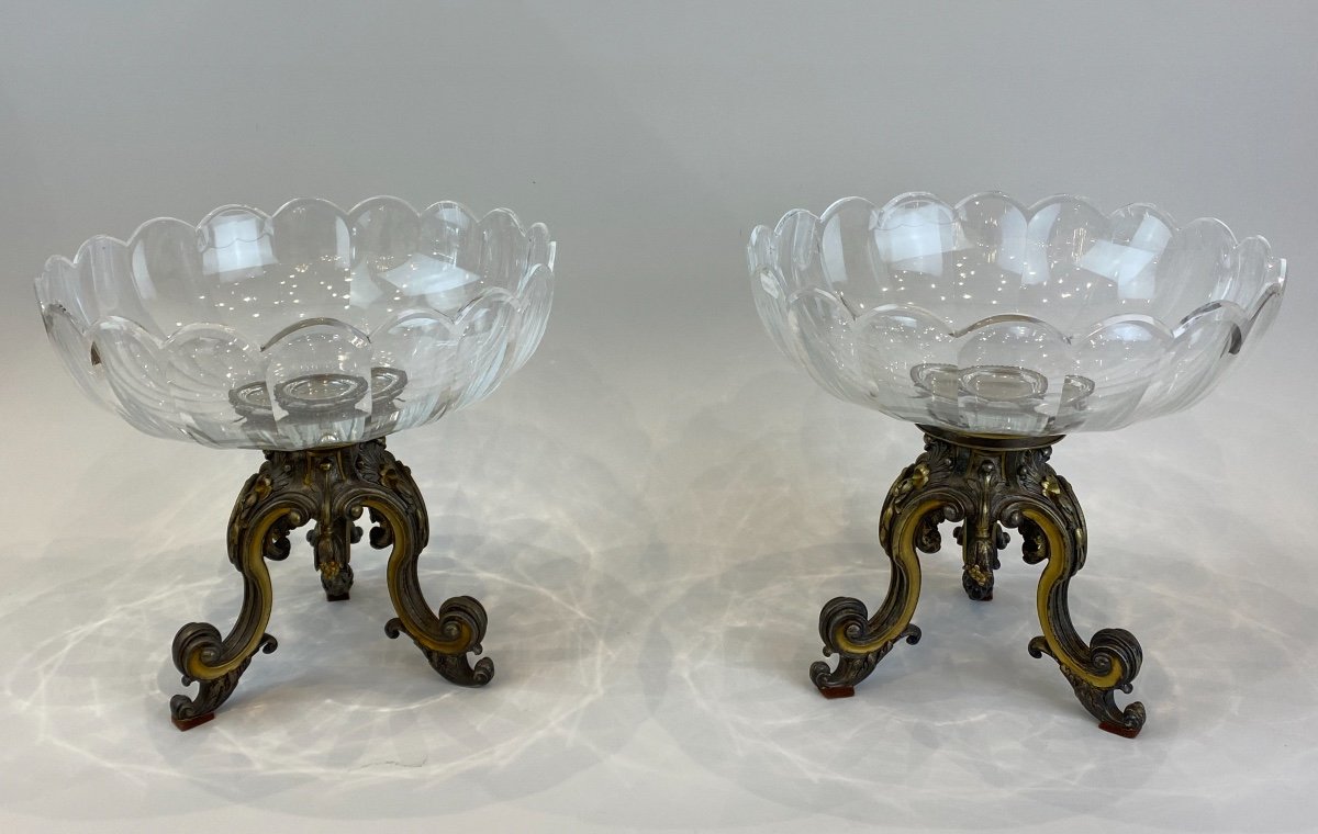 Pair Of Crystal And Gilt And Silver Bronze Bowls, Napoleon III Period-photo-3