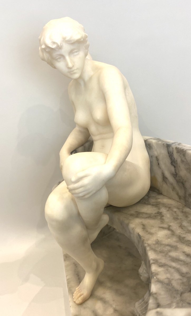 Young Girl Watching Doves, Alabaster Sculpture By Vittorio Caradossi (1861-1918)-photo-3