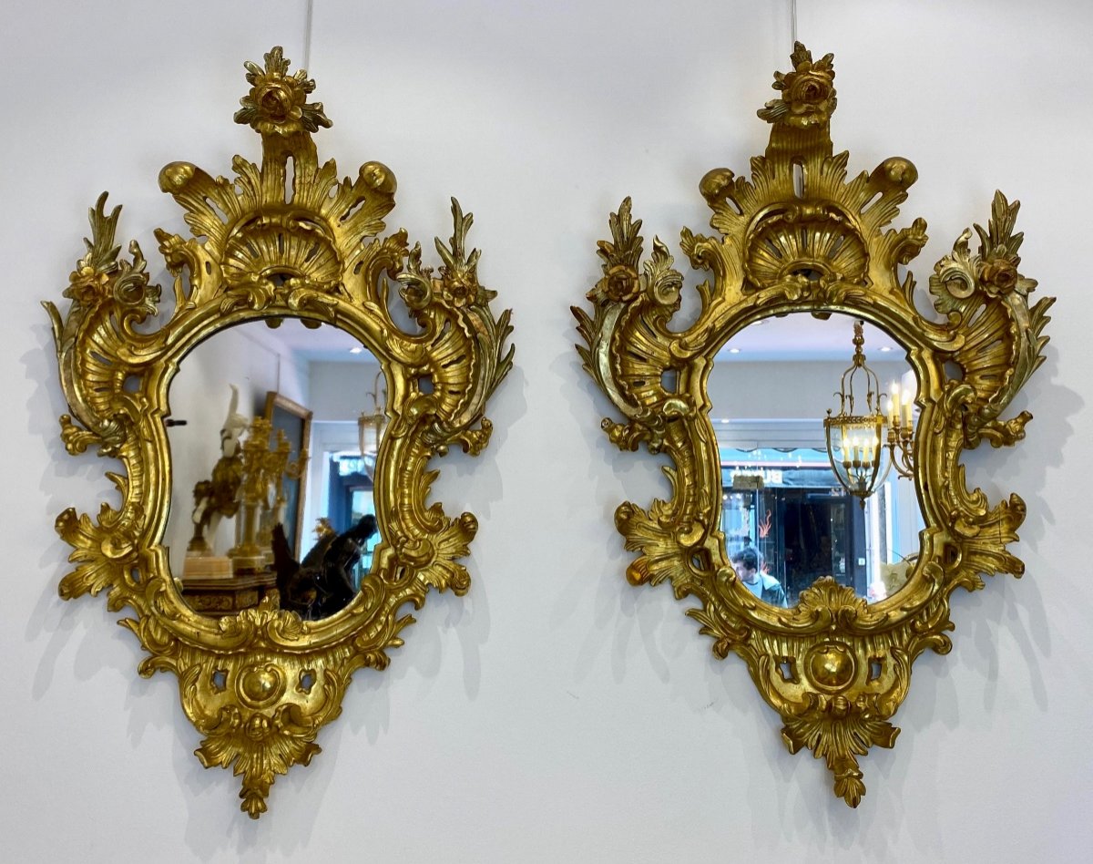 Pair De Miroirs Italiens En Bois Doré d'époque XVIIIe Siècle-photo-2