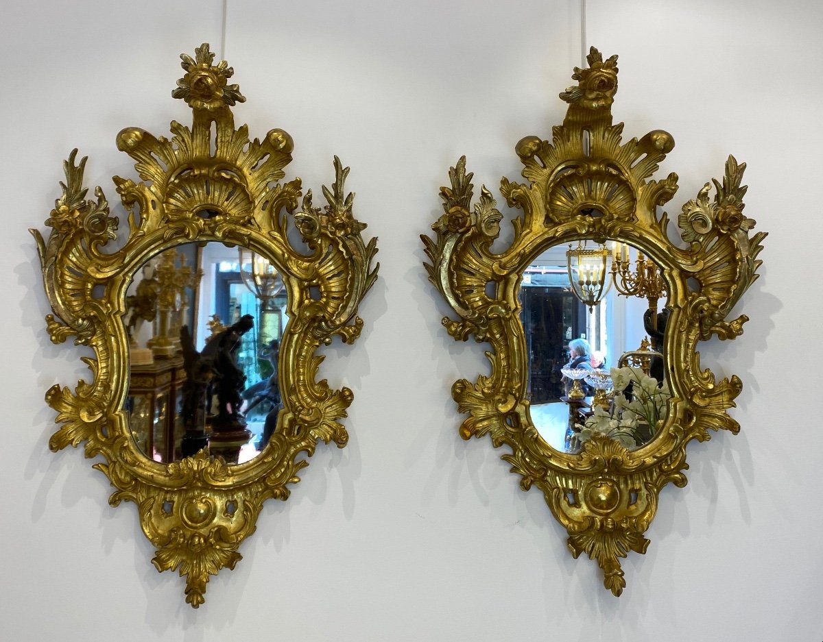 Pair De Miroirs Italiens En Bois Doré d'époque XVIIIe Siècle