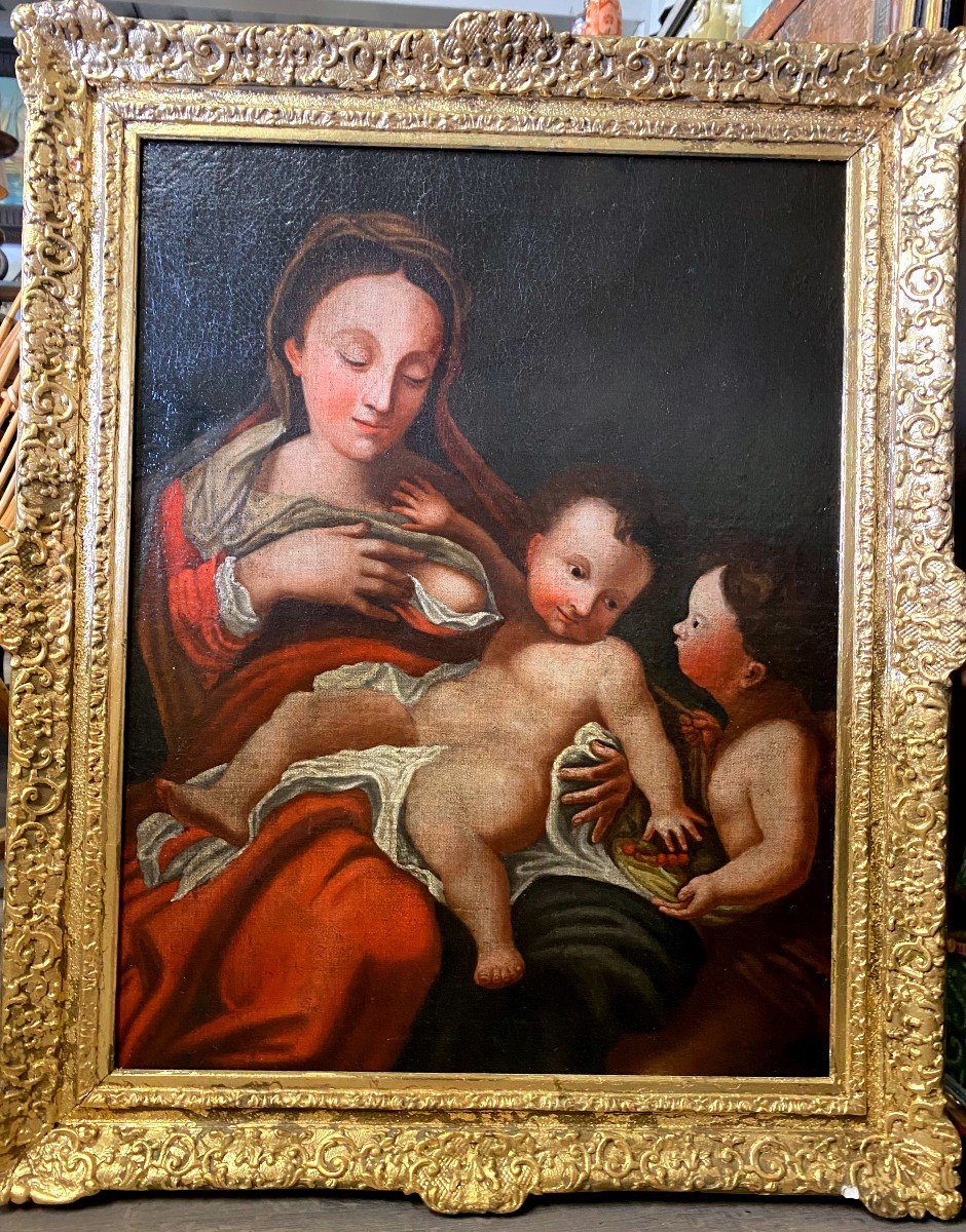 17th Century Italian School - Hst Painting - The Breastfeeding Madonna Holy Family --photo-3