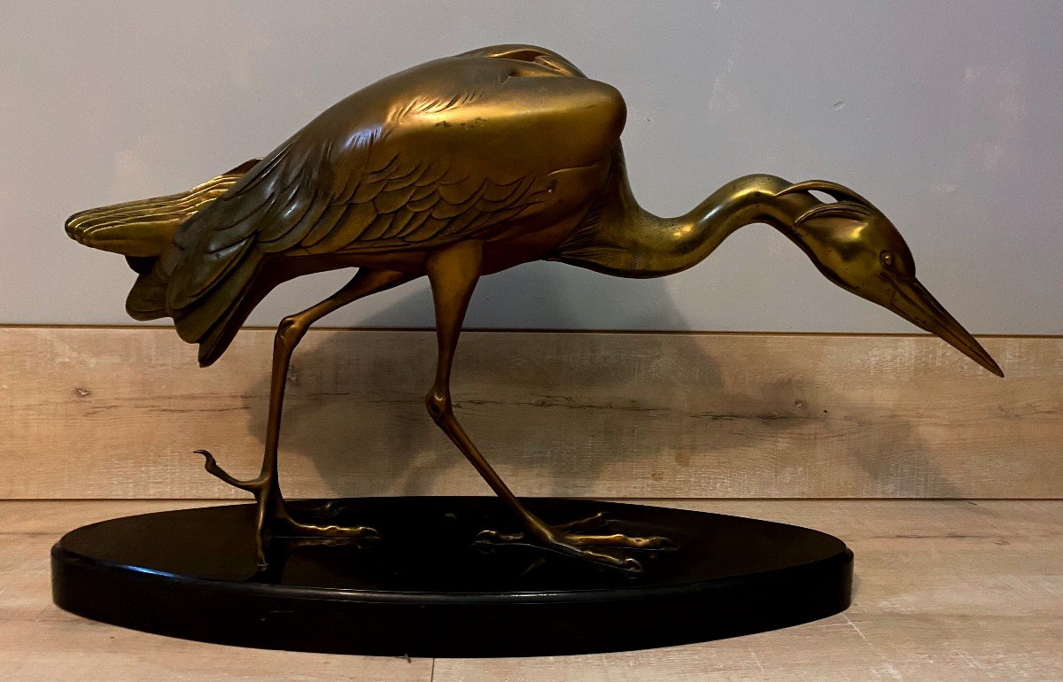 Bronze Sculpture By I Rochard: Art Deco Heron 20th