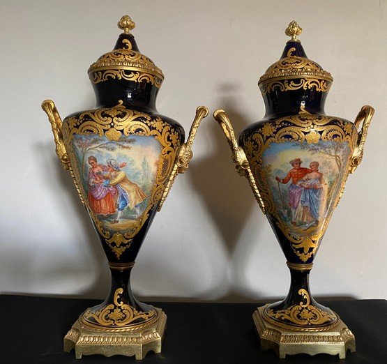 Paire De Vases De Sèvres Montés Sur Bronze 1870  Modèle Du Château De Blois-photo-3