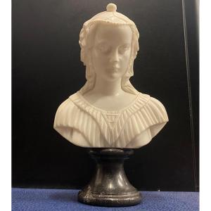 Finely Carved Carrara Marble Bust Of A Young Woman On Black Marble Base 19th Century