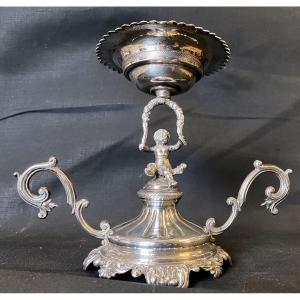 Ancienne Coupe Baguier Bougeoir à Décor d'Angelot En Argent Massif 19 Ième 