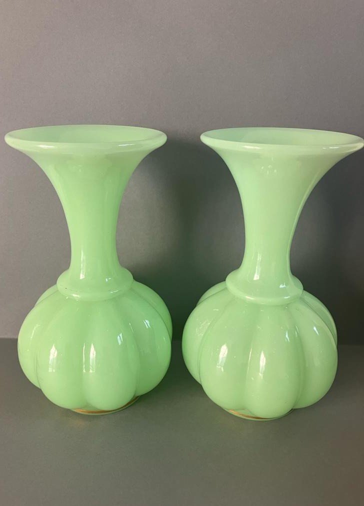 Pair Of Baccarat Green Opaline Vases