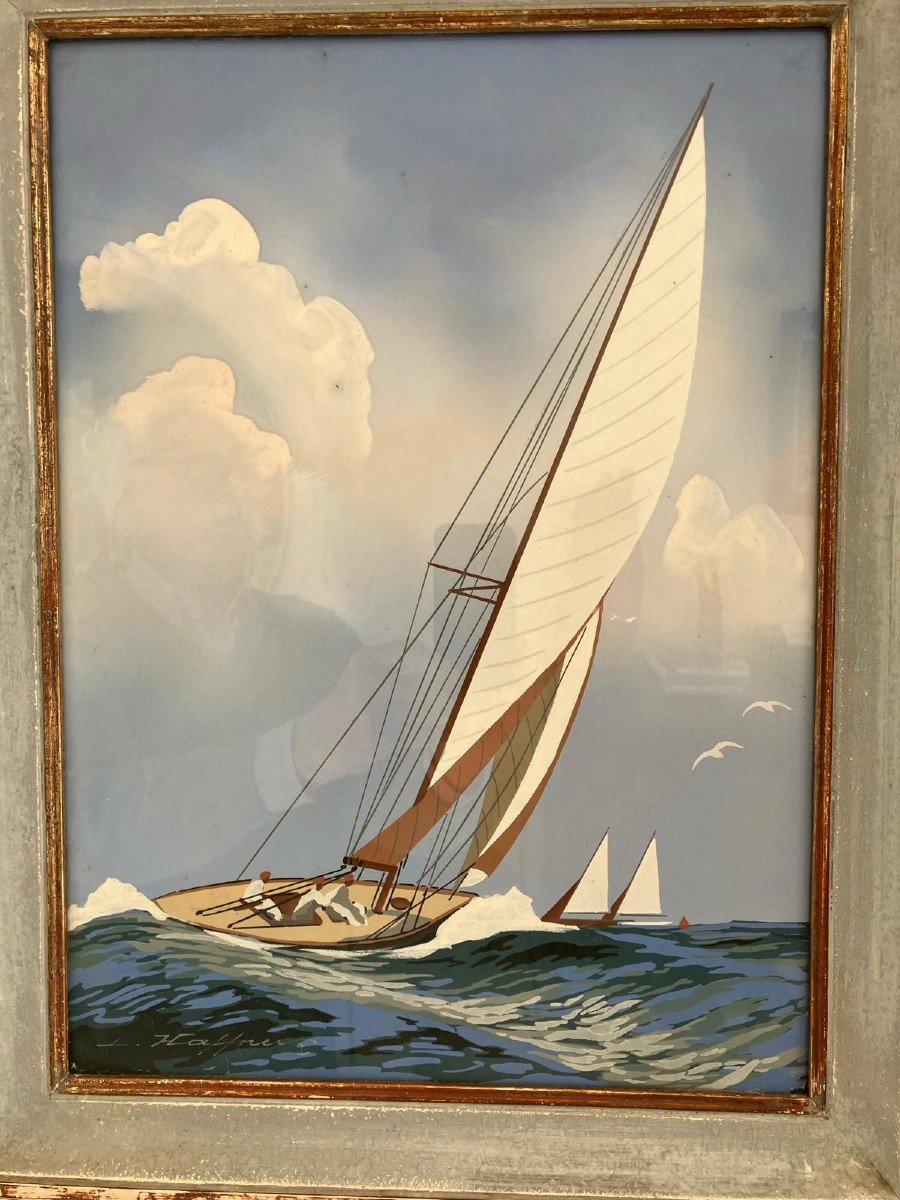 Léon Haffner Gouache Marine Voilier Yacht Régale-photo-2