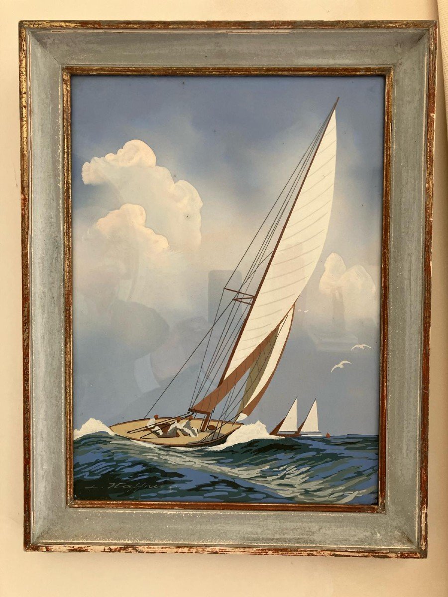 Léon Haffner Gouache Marine Voilier Yacht Régale