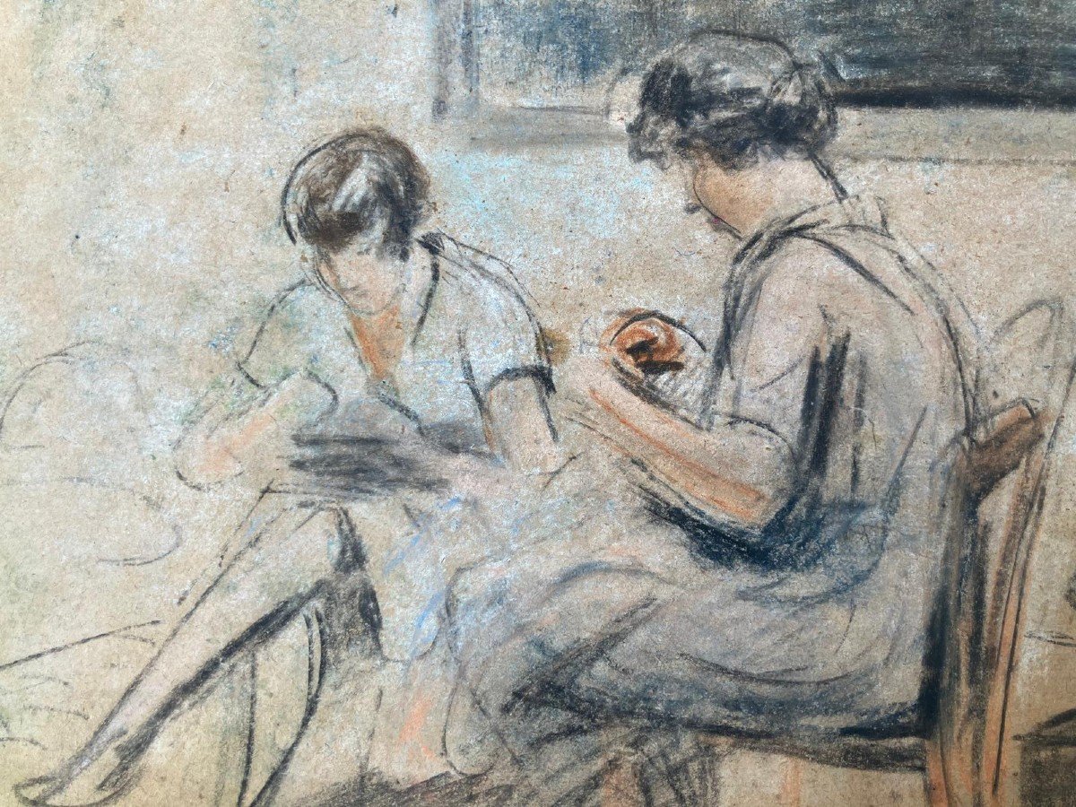 Women Sewing Charcoal And Pastel Attributed Lebasque-photo-2