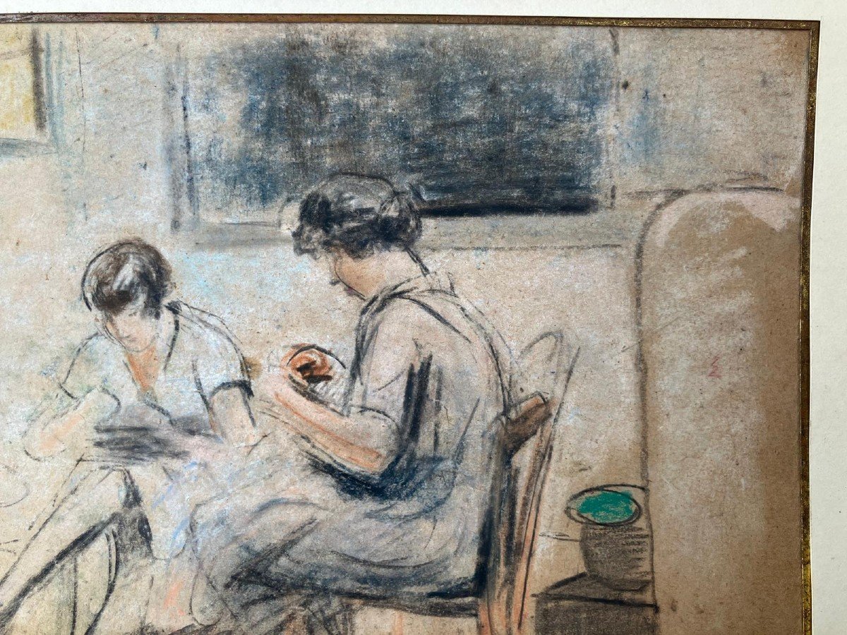 Women Sewing Charcoal And Pastel Attributed Lebasque-photo-3