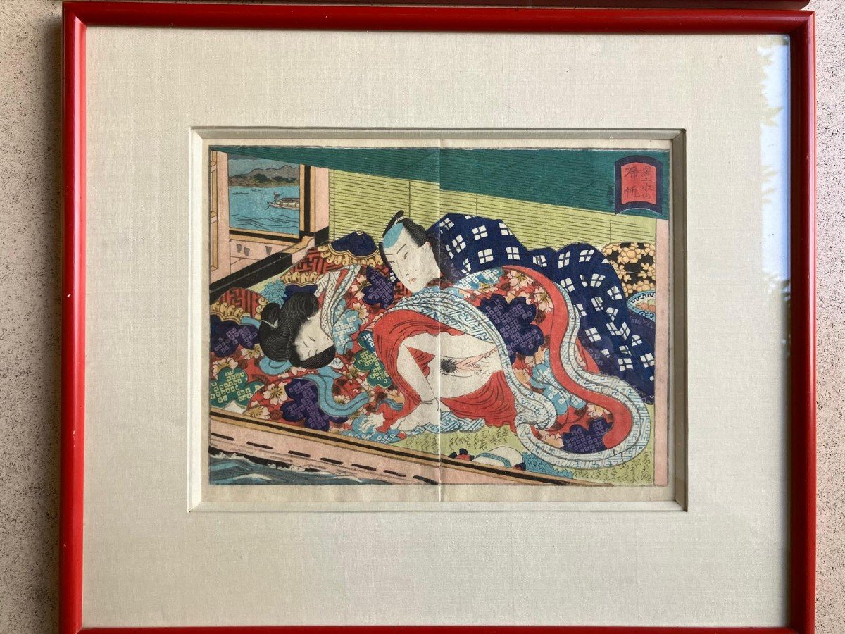 Shunga Ensemble De Trois Estampes Japonaises érotiques-photo-2