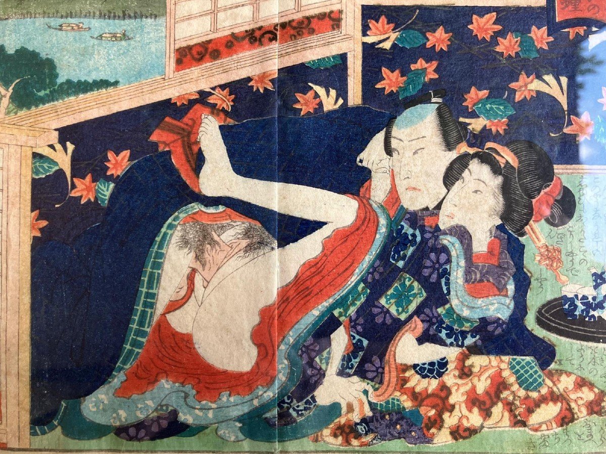 Shunga Ensemble De Trois Estampes Japonaises érotiques-photo-3