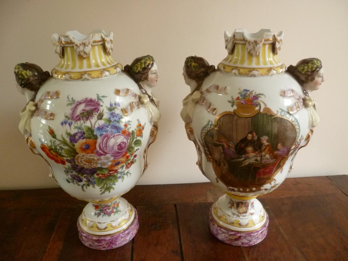 Paire De Grands Vases Balustre En Porcelaine De Dresde Augustus Rex XIX°-photo-2