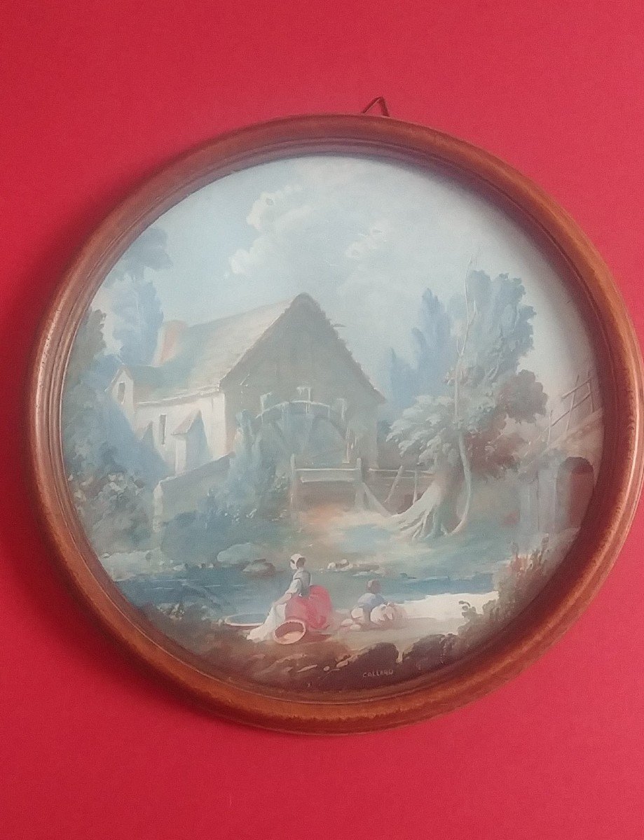 Gouache Lavandière Auprès d'Un Moulin à Eau