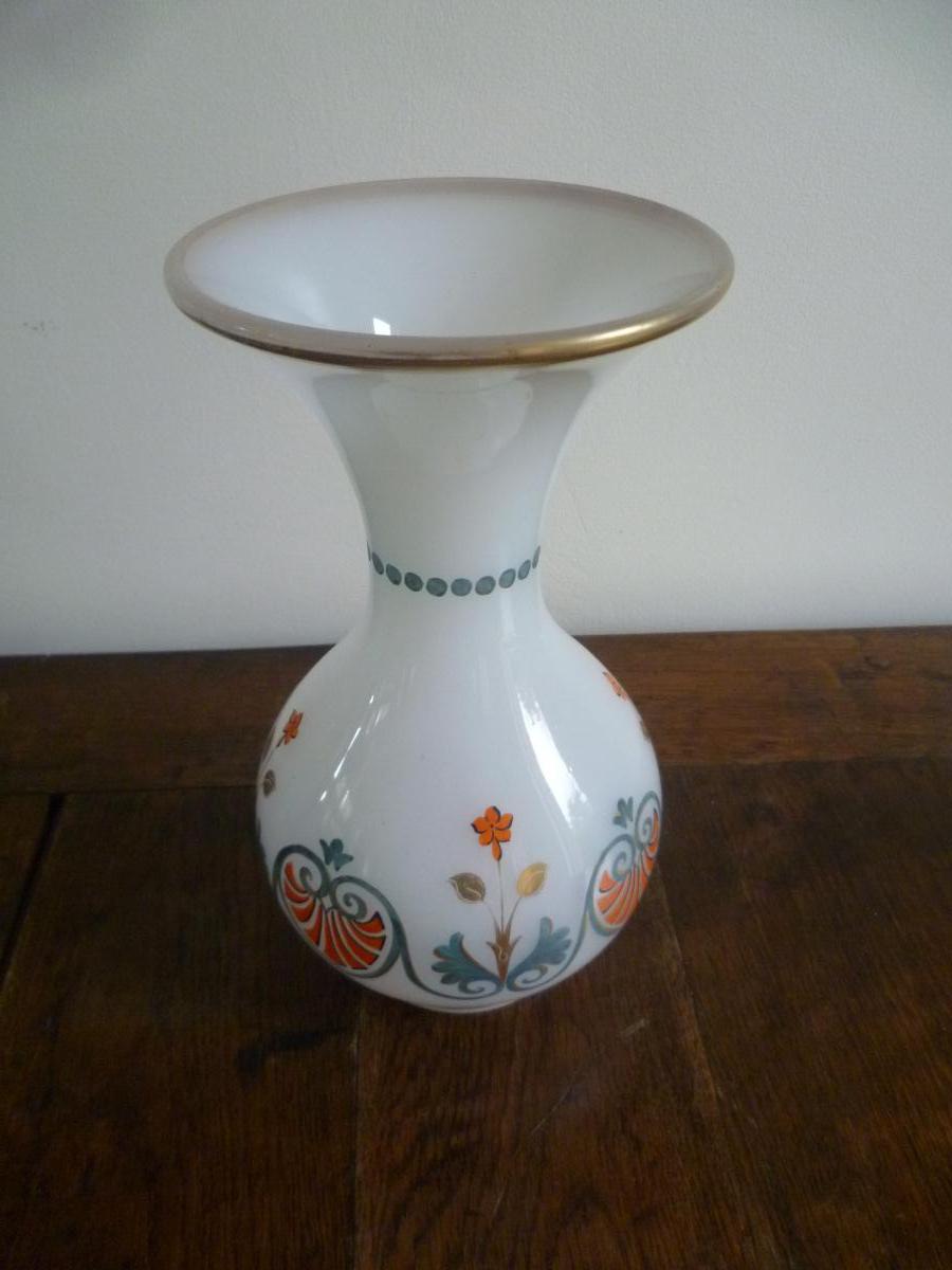 White Opaline Vase Decorated With Flowers