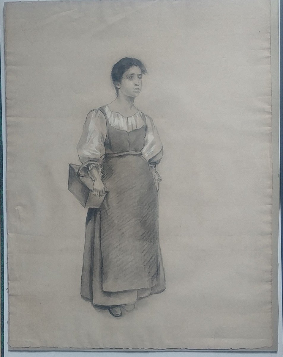 Jeune Paysanne Dessin Attribué à Jules Breton-photo-3