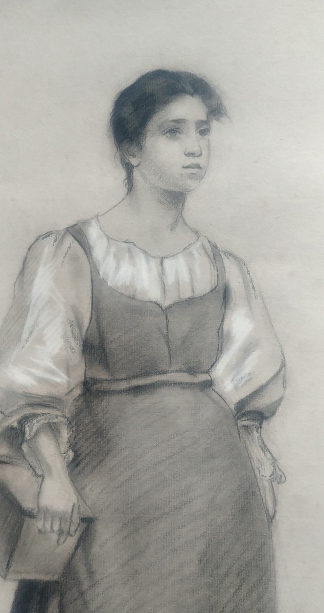 Jeune Paysanne Dessin Attribué à Jules Breton-photo-4