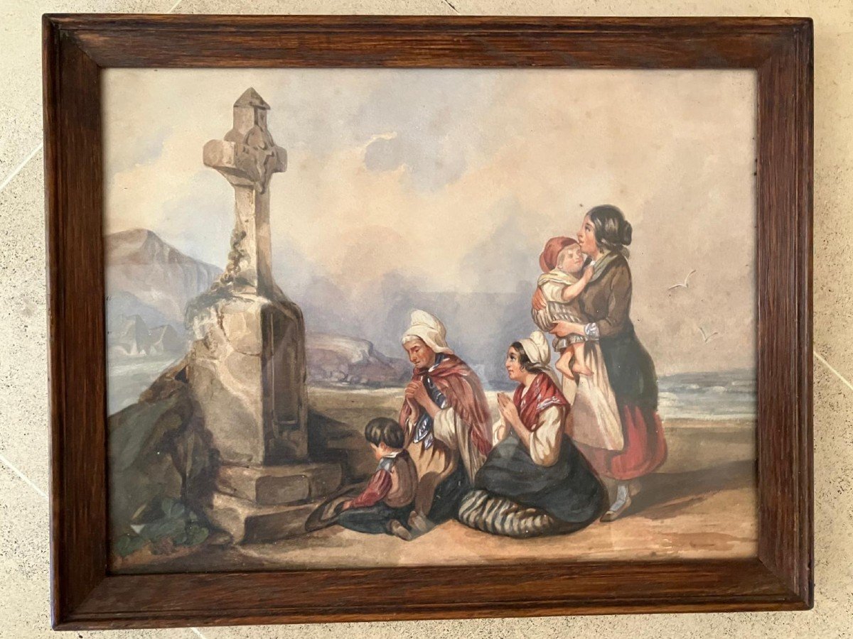 Aquarelle école Française Du XIXe Le Calvaire Au Bord De l'Océan 