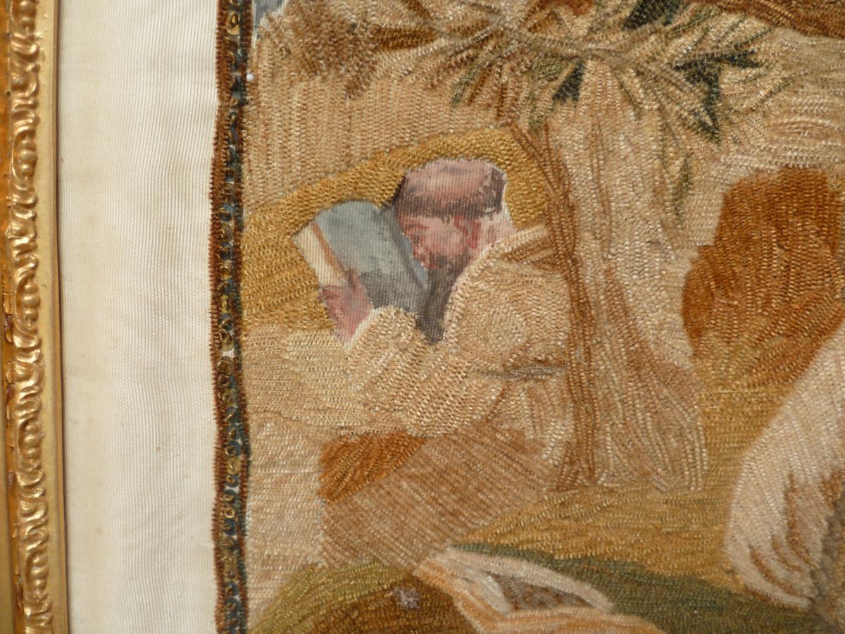 Saint Francois Embroidery On Silk XIXth Century Painted Beginning-photo-2