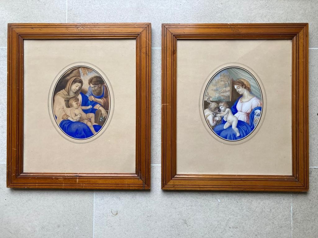 Paire De Dessins Aquarellés Vierge Enfant Jésus