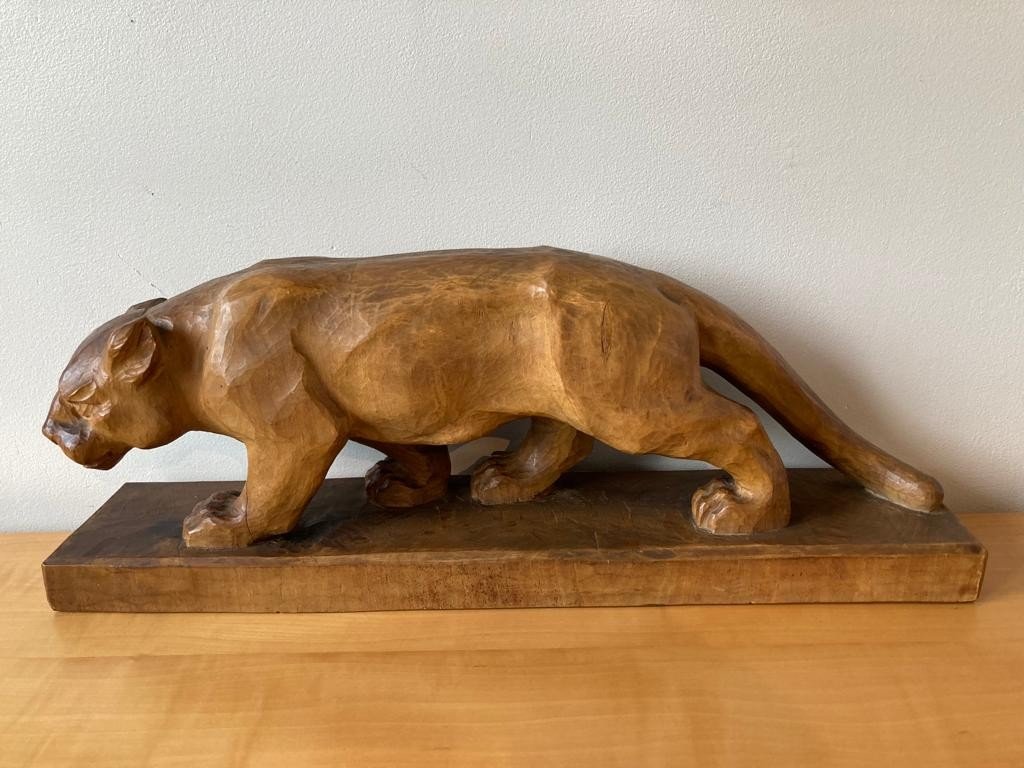 Carved Wooden Panther Art Deco Sculpture-photo-2