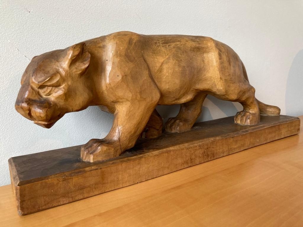 Carved Wooden Panther Art Deco Sculpture