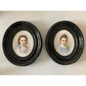 Paire De Miniatures Enfants Peinture Sur Porcelaine Cadres Napoléon III